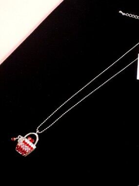 Cookie Lee Crystal Basket Pendant Necklace Red‎ Rhinestone Silver Tone Chain NEW